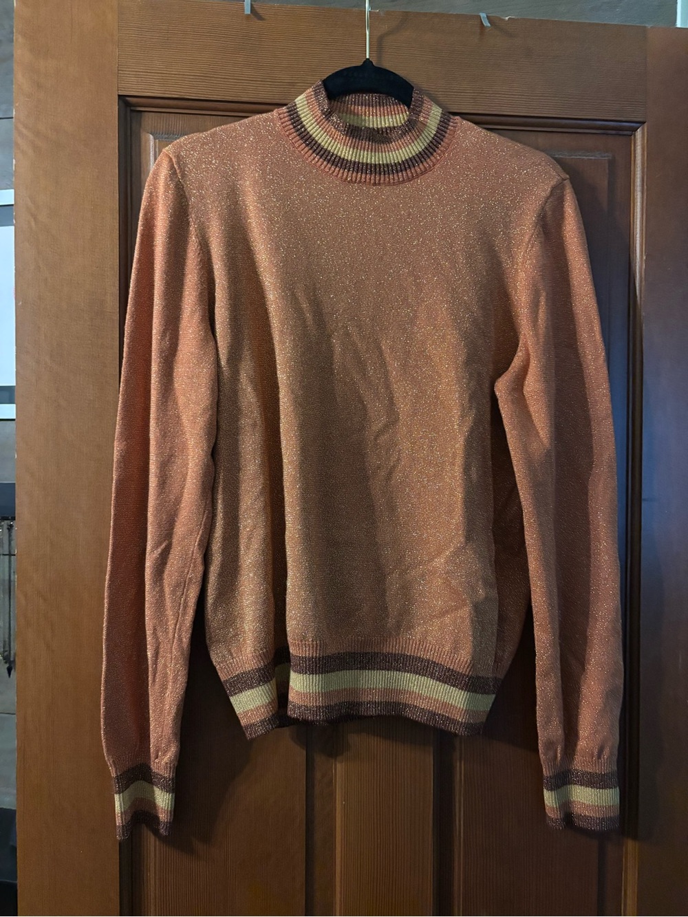 Forever 21 Women’s Sparkly Orange Turtleneck Sweater with Striped Trim